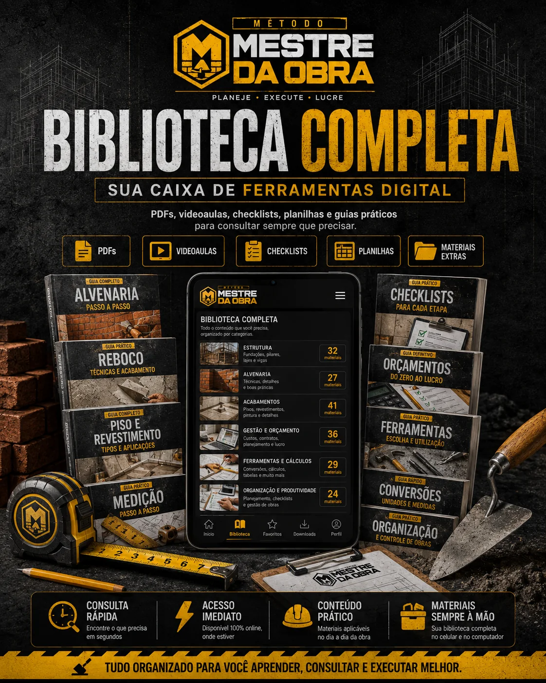Biblioteca completa do Método Mestre da Obra com guias, checklists e materiais digitais